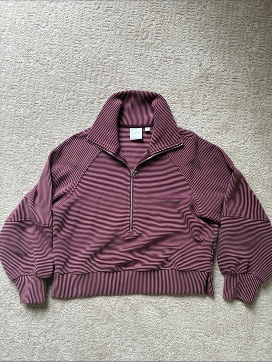 Varley Tops - Varley Striped Ribbed Quarter-Zip Pullover in Dusty Rose and Plum